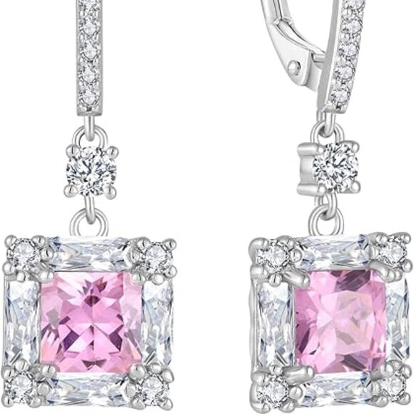 925 Sterling Silver Crystal Leverback Dangle Square Cut Earrings for Women - Picture 1 of 5